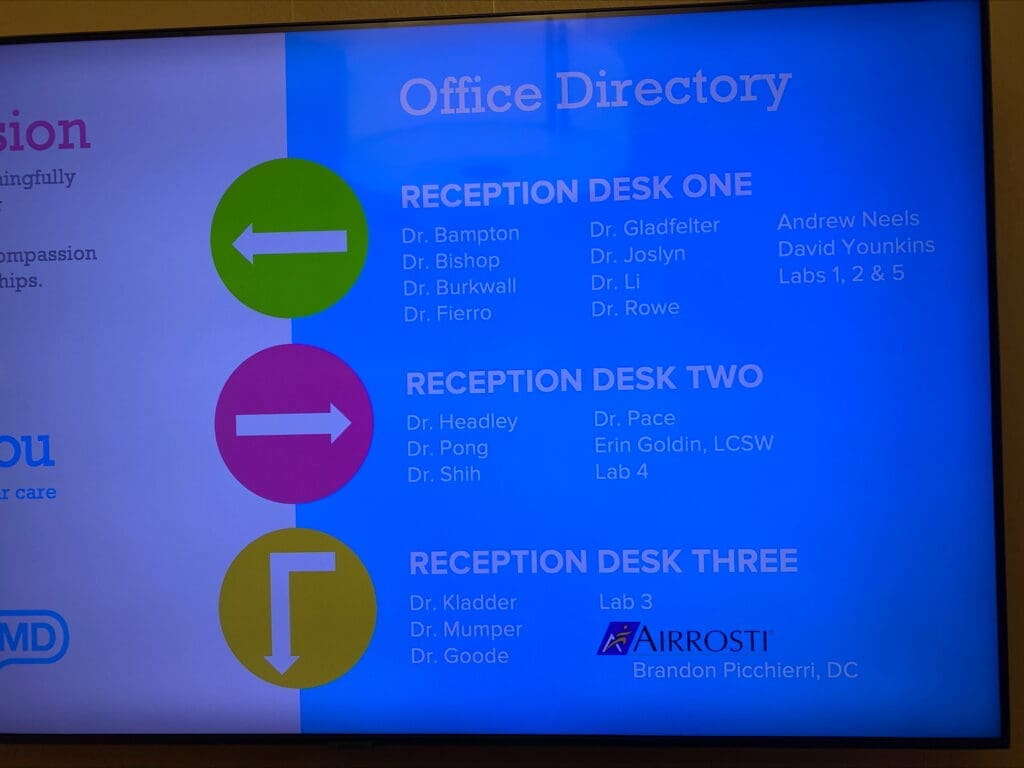 Building directory at Airrosti West End